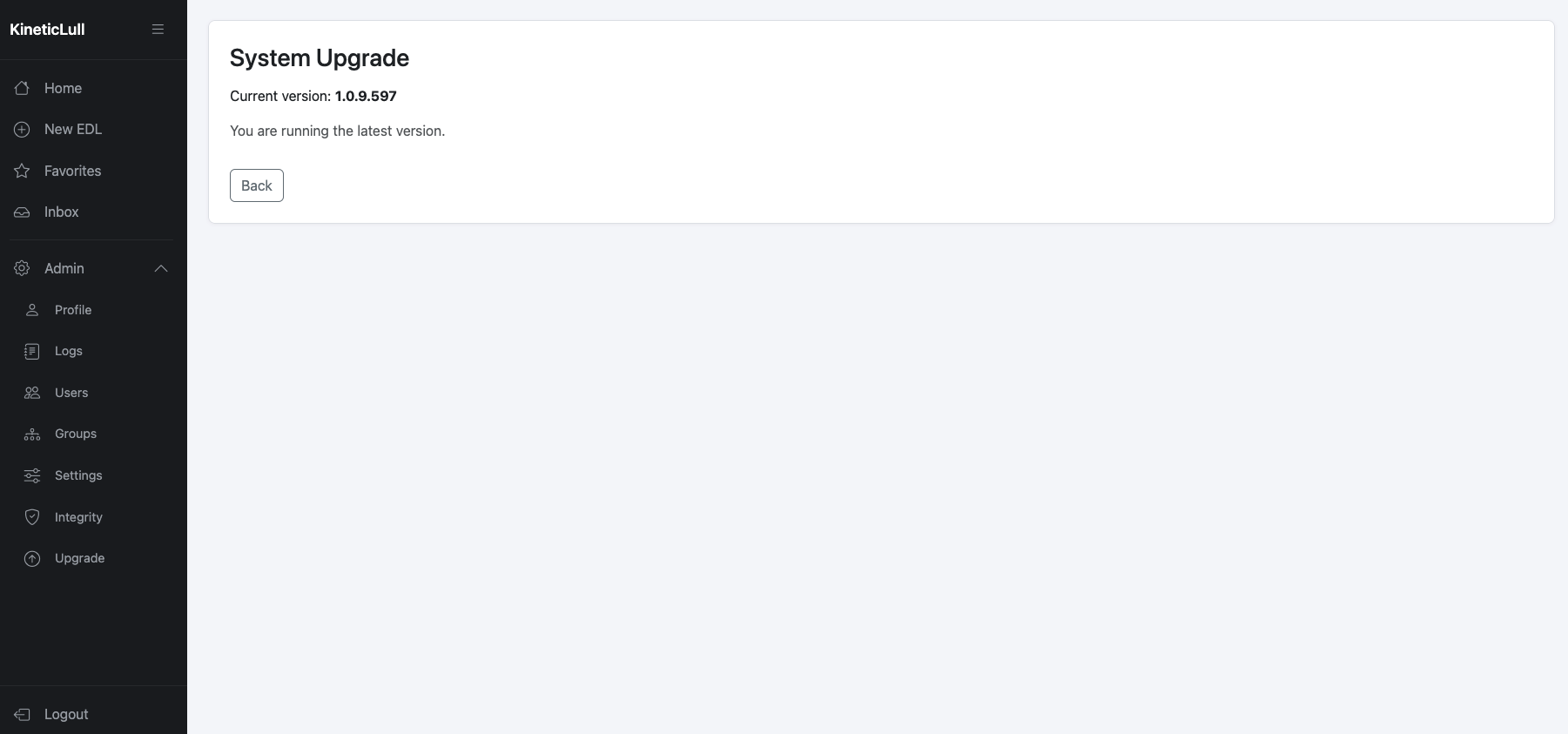KineticLull system upgrade page showing current version and update status